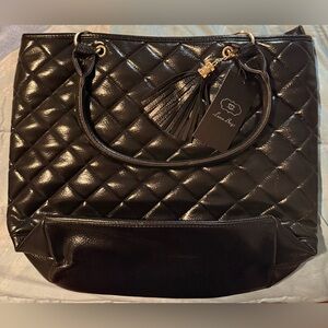 NWT Black Quilted Leather Luna Tote Shoulder Bag with Decorative Tassel